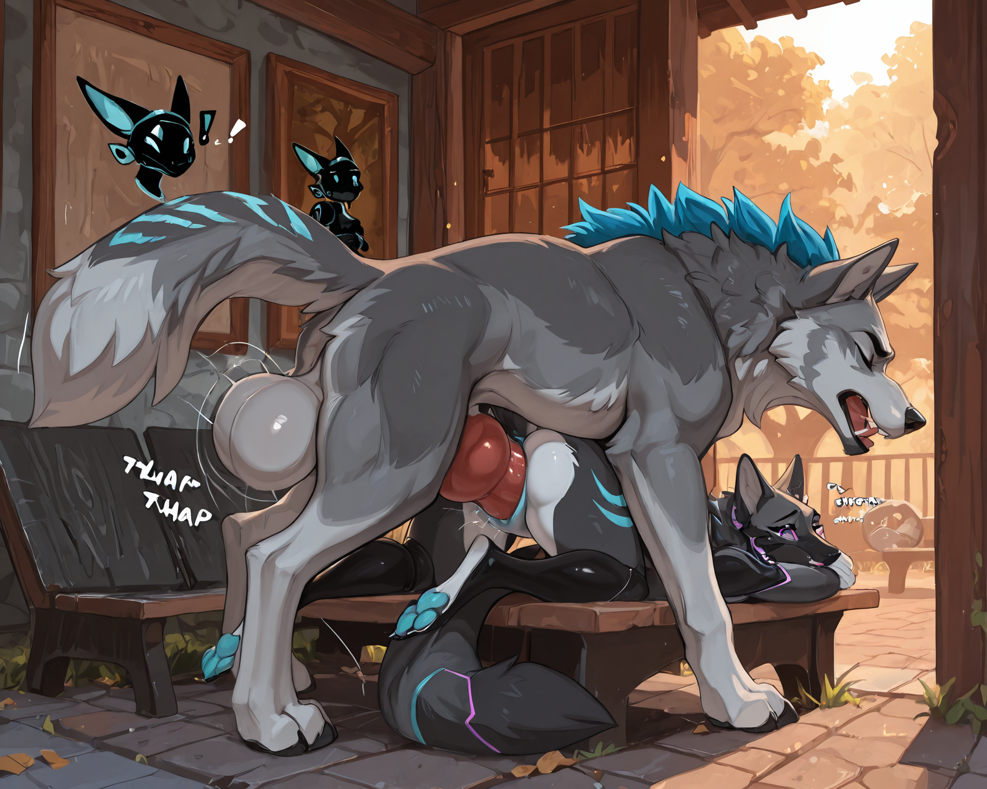 by_kluclew:1.5, duo, protogen, anthro, avali, female_protogen, protogen_avali, protogen_avali, hybrid, blue_fur, female, thin, slender, small_breasts, small_waist, jagged_mouth, digitigrade, three_toes, four_fingers, sweatpants, crop_top, sitting, exposed_pussy, surprised, scared_face, distress, explicitly_stated_non-consent, screaming, presenting_vulva, barely_visible_vulva, clothing_lift, presenting_breasts, exposed_breast, sitting_on_bench, on_side, exclamation_point BREAK wolf, feral, male_wolf, quadruped, grey_fur, panting, erection, canine_penis, knot, huge_penis, huge_balls, penis_in_vagina, balls_deep, mounting, rough_sex, thrust_lines, thrusting, heavy_thrusting, ball_slap, bouncing_balls,  BREAK male/female, male_feral, female_anthro, female_protogen, male_wolf, vaginal, vaginal_penetration, ridiculous_fit, extreme_penetration, extremely_thick_penetration, stretched_pussy, anus, bestiality, intraspecies_bestiality, male_penetrating_female, sunny, park, populated_park, detailed_fur, being_watched, crowd, park_bench, leg_glider_position, one_leg_up, wolf_penetrating_protogen