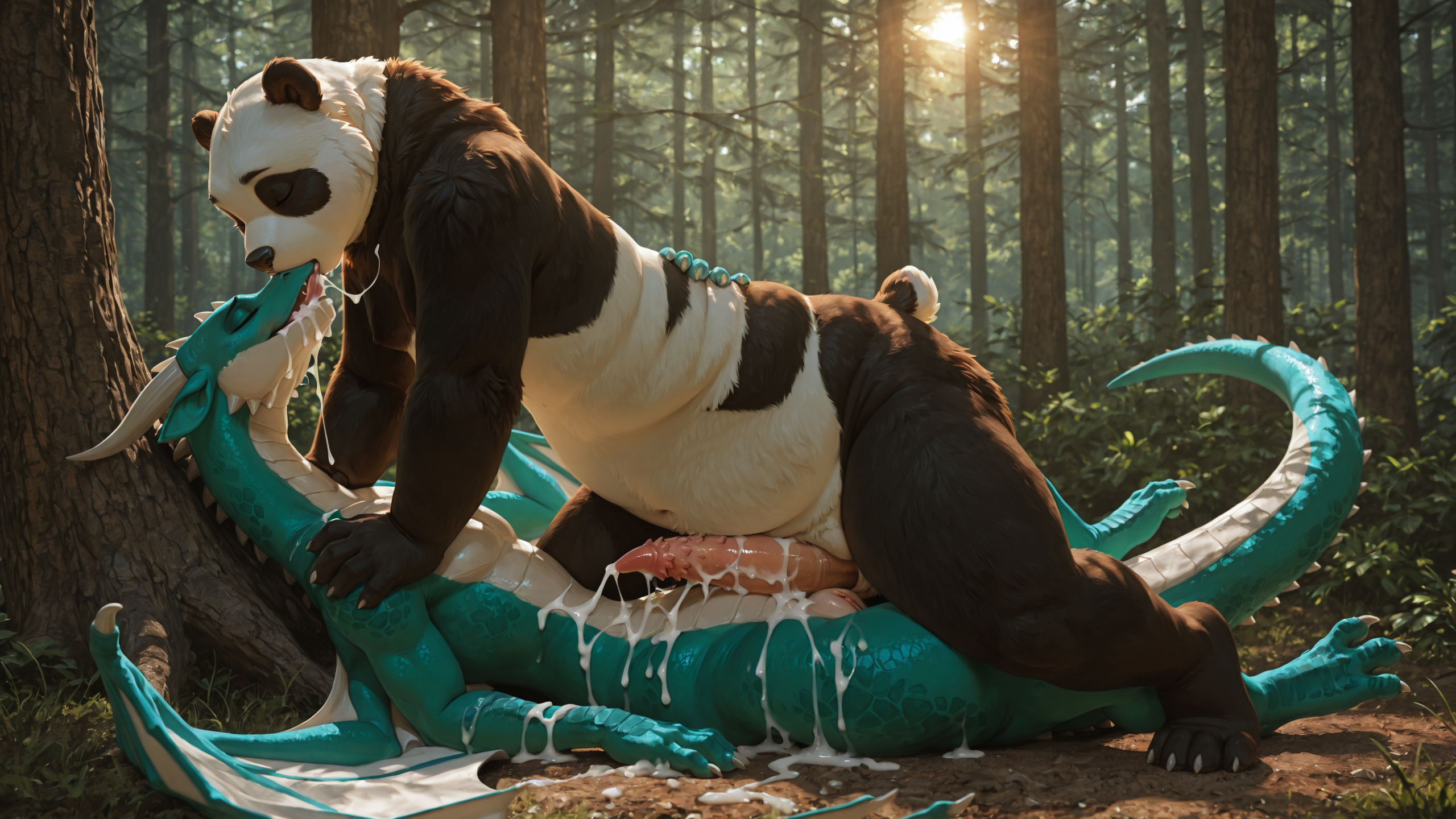 duo, (3d:1), (photorealism:1.3), (realistic:1.3), slightly_chubby_female, adult, (detailed:1), (panda:1.8), female, (feline_pussy:1.4), (feline_vulva:1.3), (fluffy:1),  (dragon:1.2), male, (obese_male:1.2), (genital_slit:1.2), (tapering_penis:2), (spiked_penis:1.6),  (pussyjob:2), female_riding_male, cowgirl_position, side_view, cum, excessive_cum, cum_everywhere, cum_in_mouth, cumshot, kissing, overstimulation, forest,  looking_pleasured,  full_body, lying_on_ground, leaning_on_object, female_on_top,
