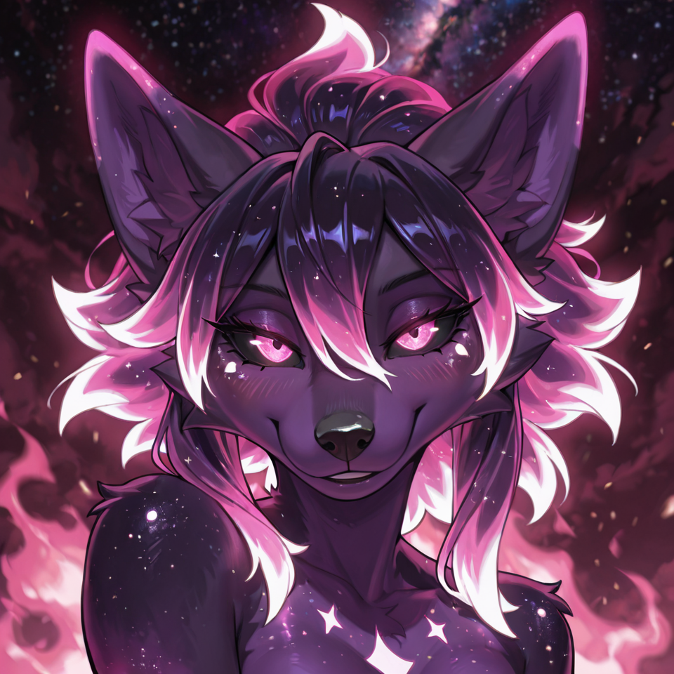 MASTERPIECE, FURRY, HIGH RESOLUTION, BEST QUALITY, AMAZING QUALITY, NEWEST, ULTRA-DETAILED, VERY AESTHETIC, DETAILED HAIR, DETAILED FLUFFY FUR, DEPTH OF FIELD, ABSURDRES, VOLUMETRIC LIGHTING, PHOTOREALISTIC DETAILS, ANTHRO, detailed_shadows, correct_anatomy (detailed_eyes), EyesHD, (detailed_face), (detailed_fluffy_fur), illuxy_style,, solo ((black sclera)), ((pink eyes)), ((glowing eyes)) {ultra_detailed, , absurd_resolution, 8k, masterpiece, looking at viewer, half-closed eyes, smile, blush, ((fire hair)), ((glowing hair)), (((flame hair)))} {ultraviolet light, glowing, glowing hair, glowing eyes} {looking_at_viewer, cocky_expression, scenery, (happy:1.0), (aggresive:1.2), (sexy:0.9), wide_eyes} anthro_fox, violet_fur, pink_head_hair, wolf_face, anthro_wolf, violet_skin, glowing_hair, cosmic_fur, glowing_eyes, furry, galaxy_fur, white_sclera, pink_cornea, hair_between_eyes, inner ear fluff, cosmic_fur, purple_hair, pink_tips, glowing_hair, glowing_ears, cheektuft, galaxy
