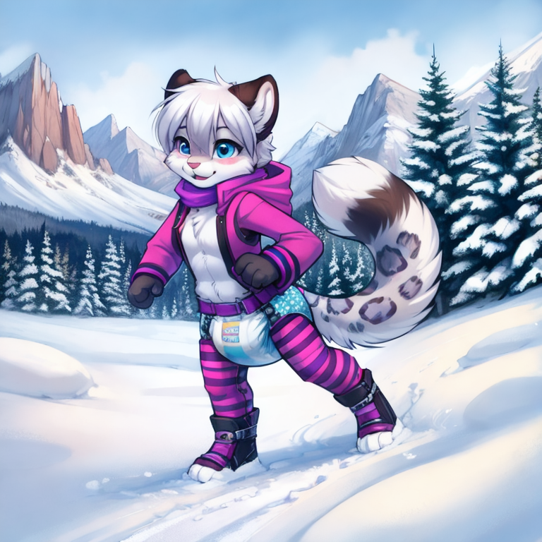 by tom fischbach,by arh,by seraziel,by silverfox5231, Character: feline,snow leopard, feral,detailed face,female,cute face, solo, solo, Wearing:  pattern skinsuit, diaper_under_clothing, vibrator_in_ass,  Scene:outside, mountain, snow, best_quality, HDR, 4K,
