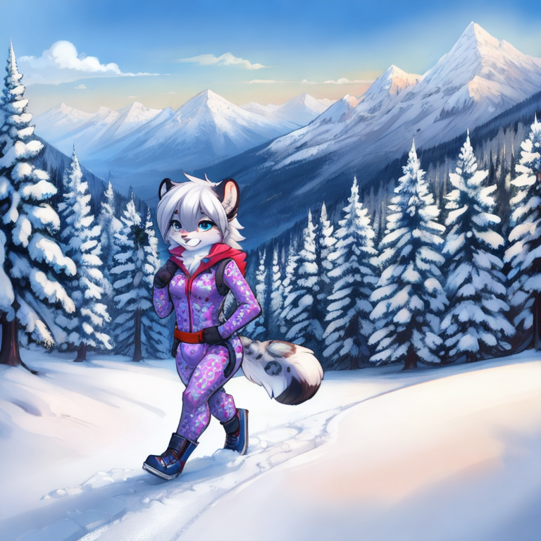 by tom fischbach,by arh,by seraziel,by silverfox5231, Character: feline,snow leopard, feral,detailed face,female,cute face, solo, solo, Wearing:  pattern skinsuit, diaper_under_clothing, vibrator_in_ass,  Scene:outside, mountain, snow, best_quality, HDR, 4K,