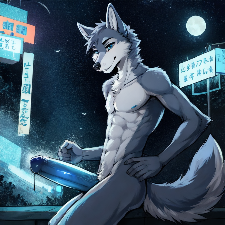 Slim grey/blue wolf with blue eyes big cock and bushy tail